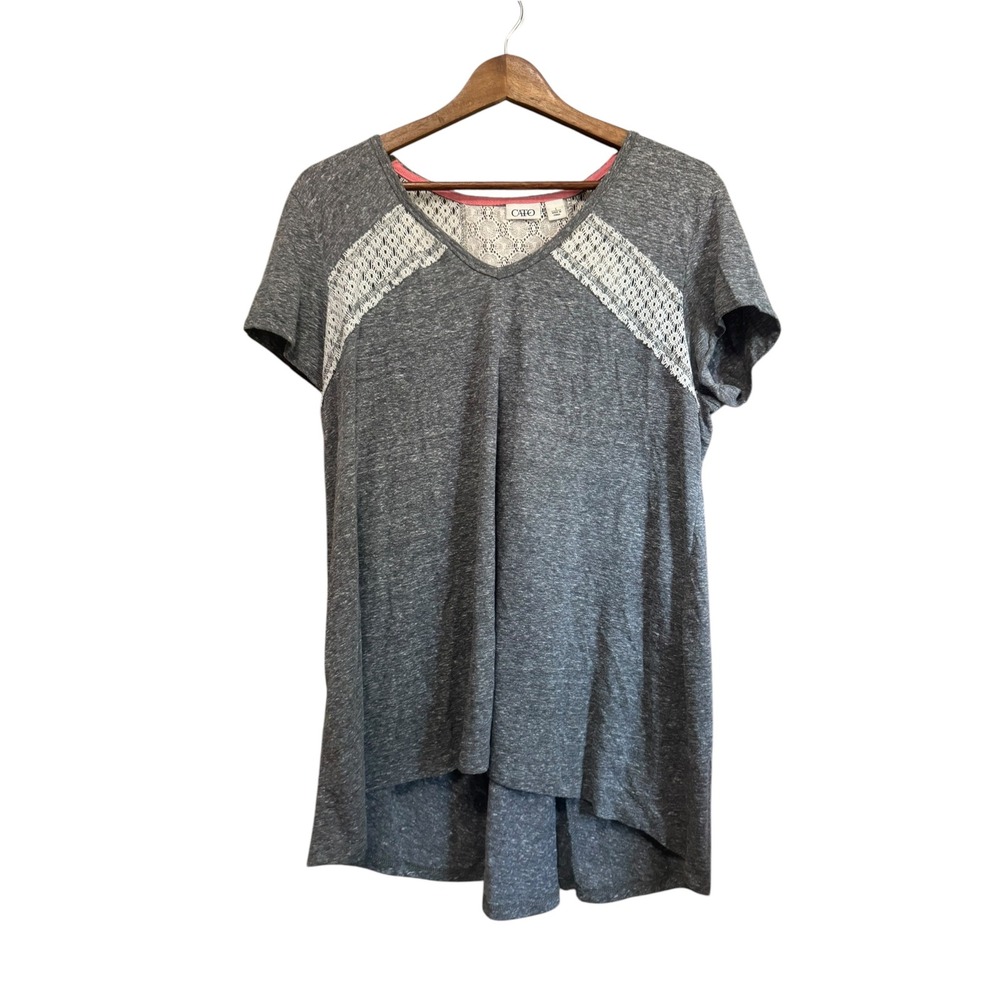 Cato Top Women Large Gray Excellent Lace Back High Low V-Neck Short Sleeve